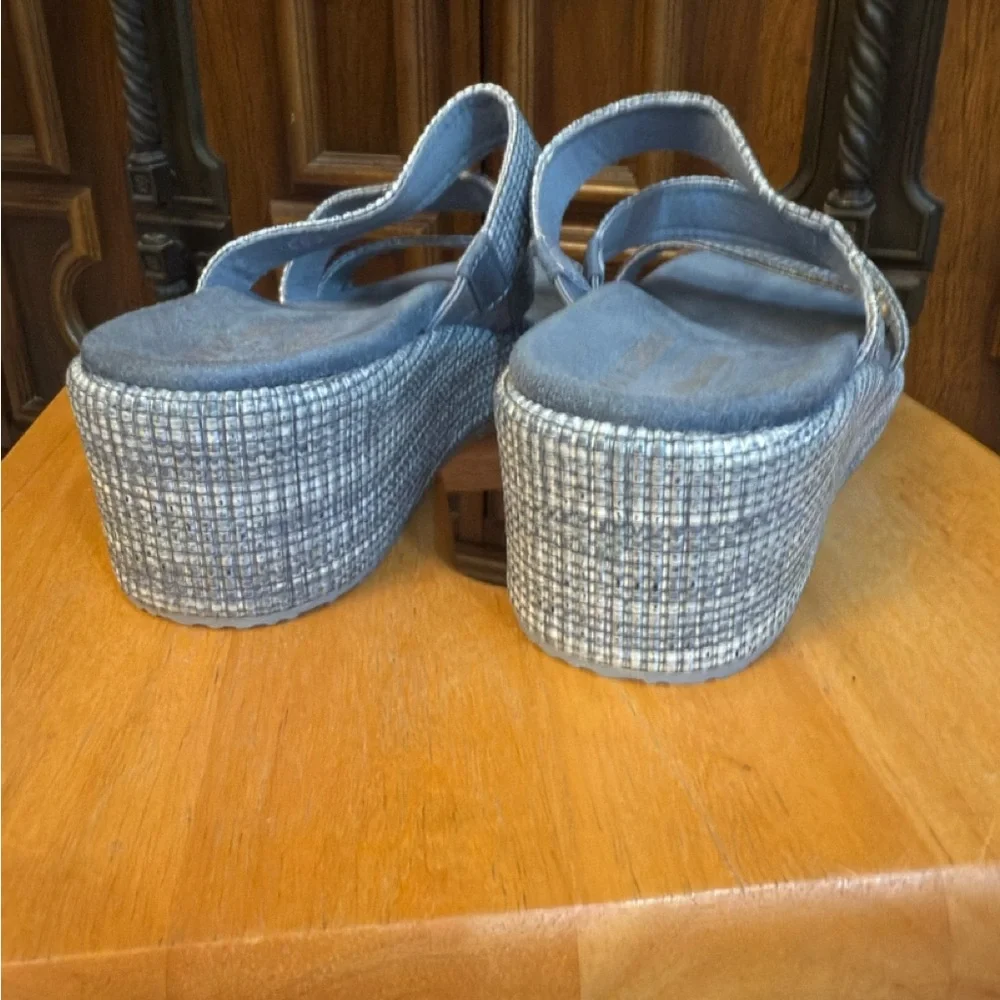 Skechers Martha Stewart Arch Fit Blue Silver Woven Platform Wedge Sandals 119514